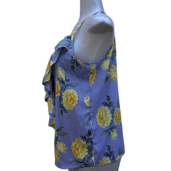 Time To Bloom Blouse Medium Blue Yellow Striped Floral Ruffle Spaghetti Strap - Picture 12 of 16